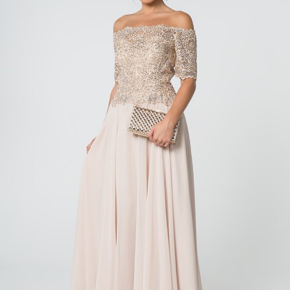 N/A NEW CHAMPAGNE Off Shoulder Lace Bodice Prom Dress GSGL2525